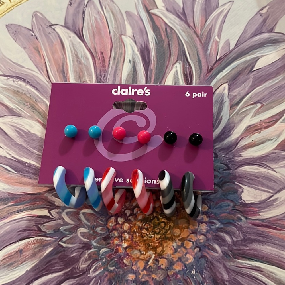 Sensitive solutions 6 pairs Claire’s Earrings from mid 2000s. Funky Stripes. Mod